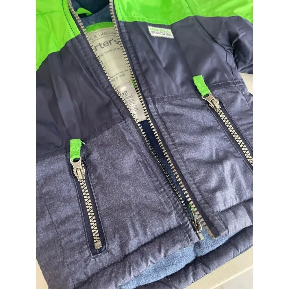 CARTERS HOODED PUFFER JACKET SZ 12 MONTHS BABY KAWAII COLORBLOCK COAT GREEN/BLUE